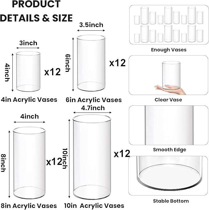 48 Pack Plastic Cylinder Vases, 4 6 8 10 Inch Tall Acrylic Cylinder Clear - Image 2