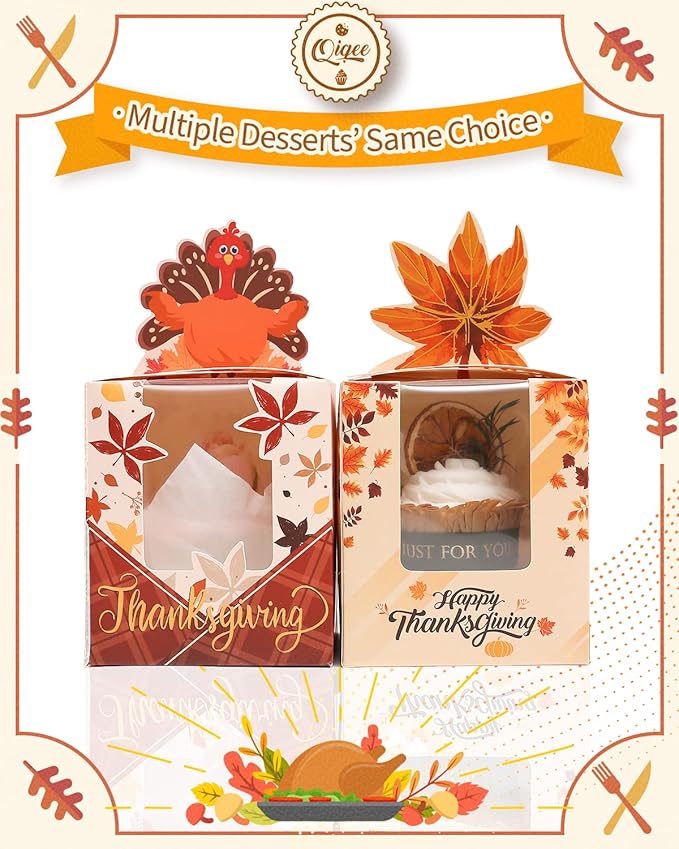 qiqee Thanksgiving Individual Cupcake Boxes Cupcake Holders Disposable 60pcs - Image 3