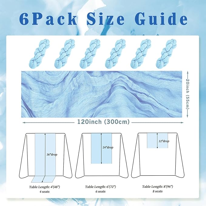 6 Pack Baby Blue Cheesecloth Table Runner 20 x 120 Inch Long Rustic Gauze - Image 2