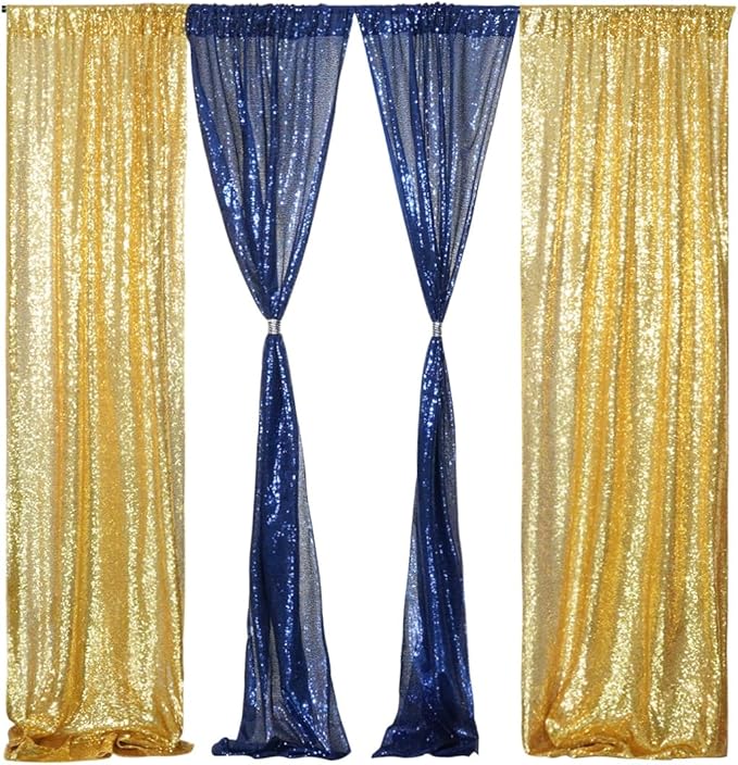 4 Panels Gold&Blue Sequin Backdrop Curtain 2FTx8FT Glitter Sequin Backdrop - Image 2