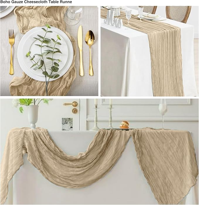 6 Pack Beige Cheesecloth Table Runner 21x120 Inch Boho Wrinkled Sheer Romantic - Image 4