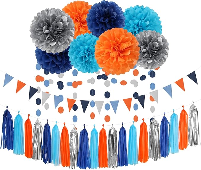 Blue-Silver Orange Space Party-Decorations Streamers-Garland by LastingSurprise