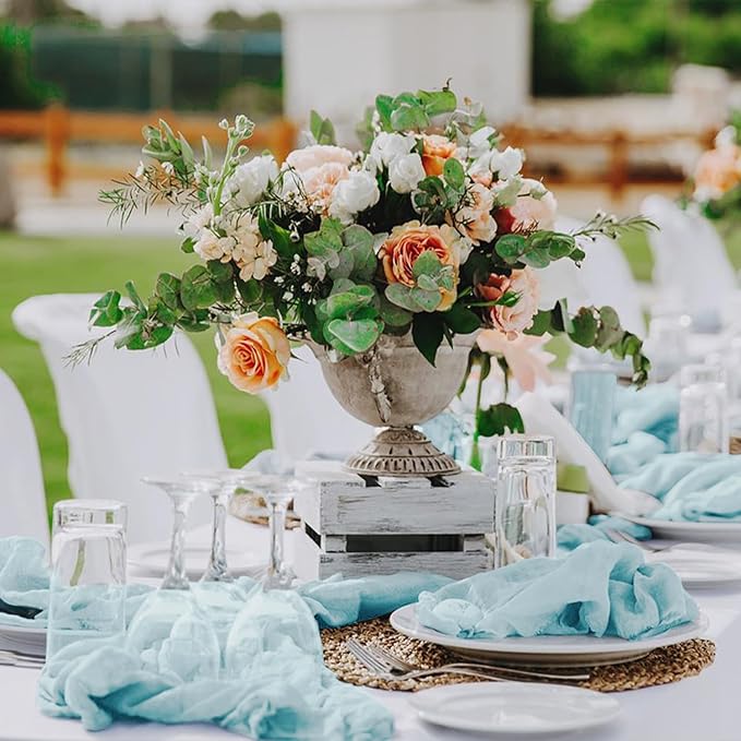 Hahuho Dusty Blue Cheesecloth Table Runner 10ft, Gauze Boho Rustic Table Runners - Image 5