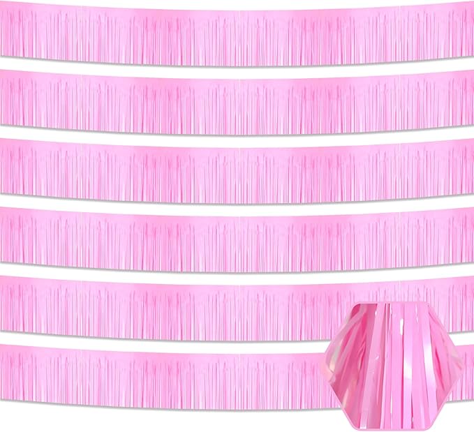 6 Pack 10 Feet Macaron Pink Foil Fringe Garland Metallic Tinsel Streamers by Ferwzsr