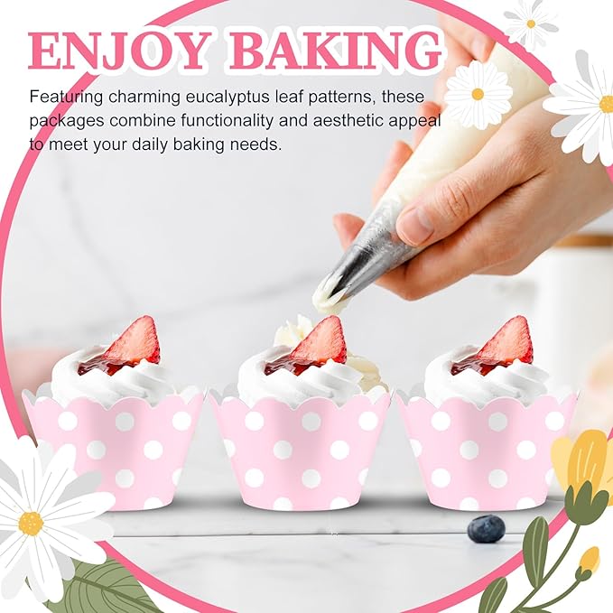 Domensi 100 Pcs Pink Polka Dots Cupcake Wrappers Rustic Cupcake Liners Baking - Image 6