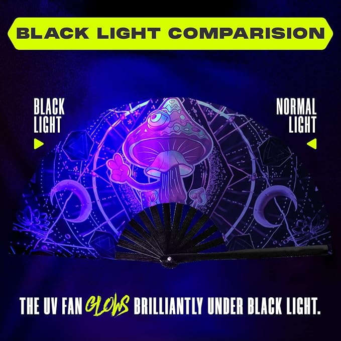 GloFX Rave Fan - UV Mushroom - Large Folding Fan - Music Festival Essential - Image 2