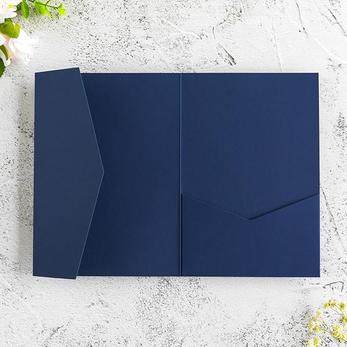20 PCS Navy Blue Tri-fold Laser Cut Wedding Invitation Pockets - Image 4