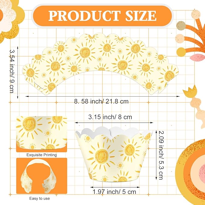 Domensi 100 Pcs Bohemian Sun Cupcake Wrappers Rustic Yellow Sunshine Cupcake - Image 3