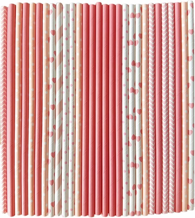 YAOSHENG Pink & Gold Paper Straws Disposable, 100% Biodegradable Multi-Pattern by YAOSHENG