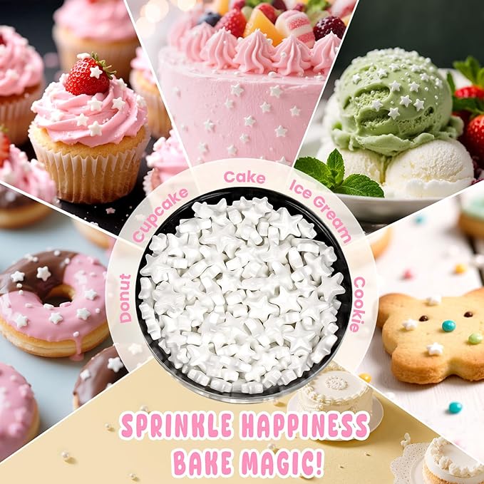 White Star Sprinkles for Cake Decorating, Edible Star Candy, 150g/5.29oz Mix - Image 3