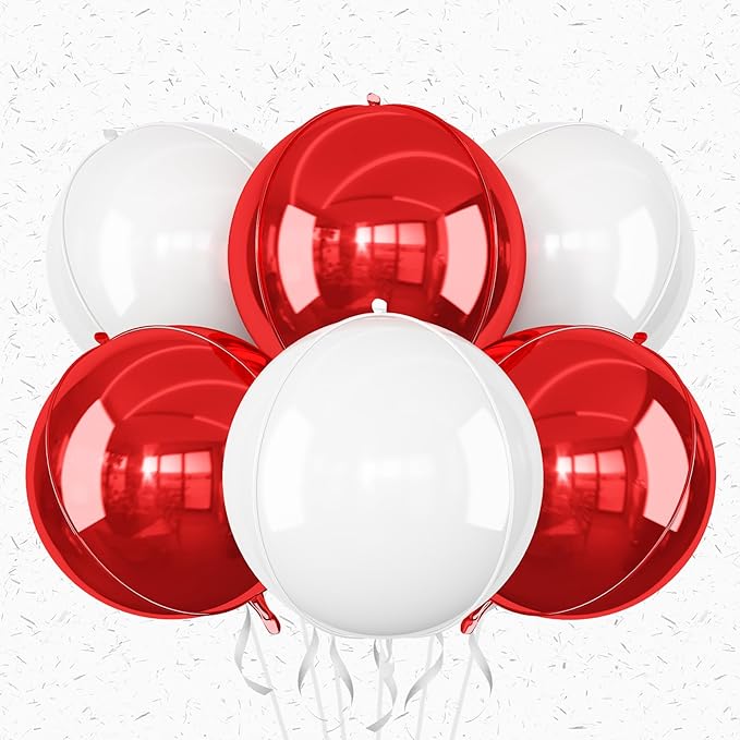 6Pcs Red White Round Foil Balloons, Giant 4D Round Ball Balloon, 22 Inch by Adorely