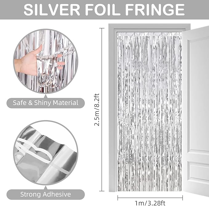Silver Fringe Curtain Party Streamers, 12 Pack 3.3ft x 8.2ft Foil Curtain - Image 3