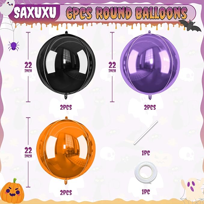 Halloween Black and Orange Foil Balloons, 22 Inch Big Round Foil Balloon - Image 2