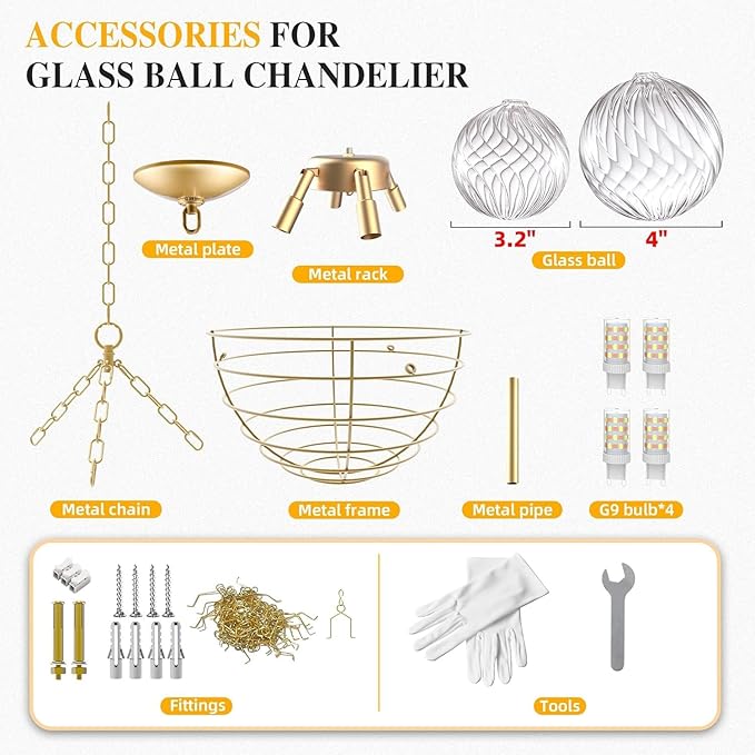 Nordic Bubble Ball Swirled Glass Chandelier, Dia 20 inch Gild Gold and Clear - Image 8