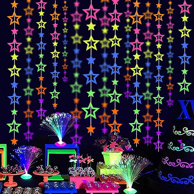 126feet UV Paper Garland Hollowed Star Neon Streamers Black Light Decorations - Image 3