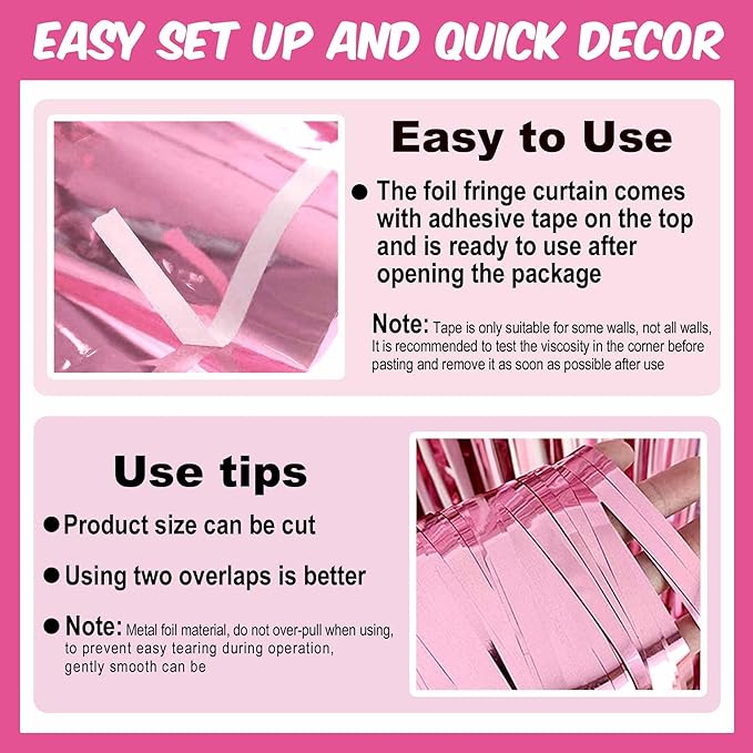 3 Pack Pink Foil Fringe Curtains Backdrop, 3.28 x 9.8 Ft Metallic Streamers - Image 3