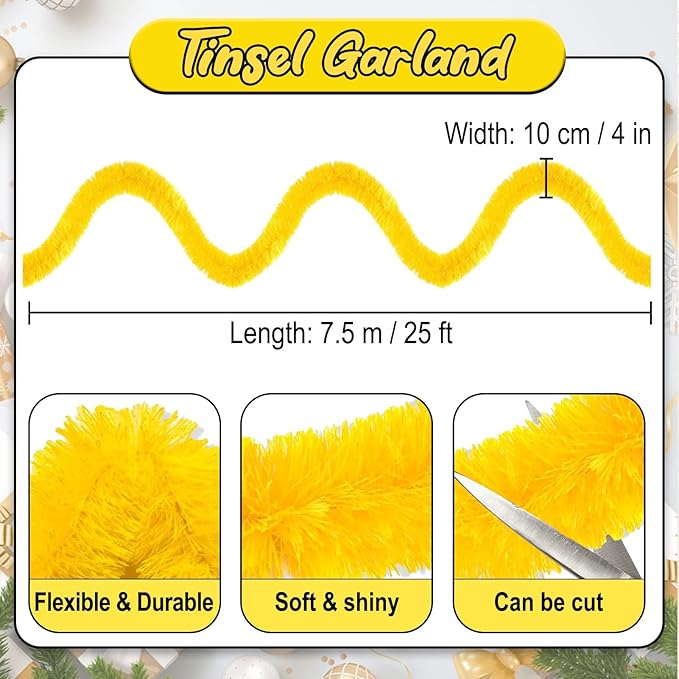 25 Feet Macaron Yellow Christmas Tinsel Garland, Metallic Foil Twist Banner - Image 2