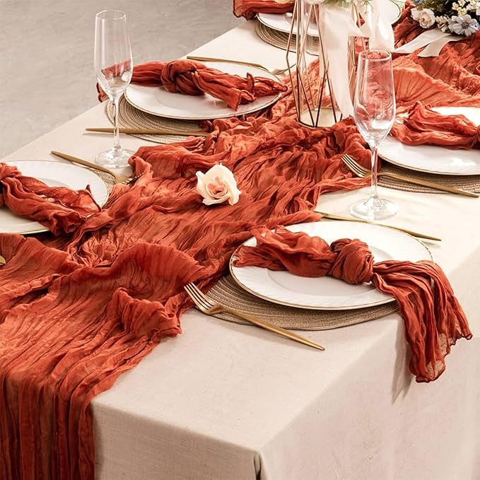 Hahuho Terracotta Cheesecloth Table Runner 10ft, Gauze Boho Rustic Table Runners - Image 5