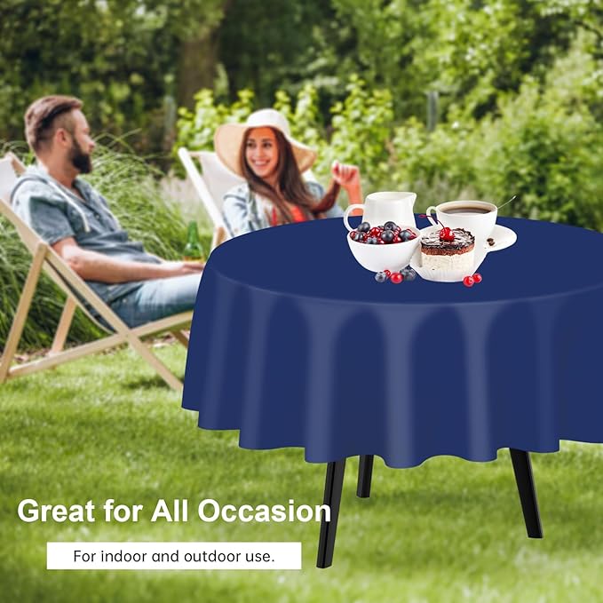 QIKSION Navy Blue Round Tablecloth 2 Pack, 84 Inch Plastic Table Cover - Image 4