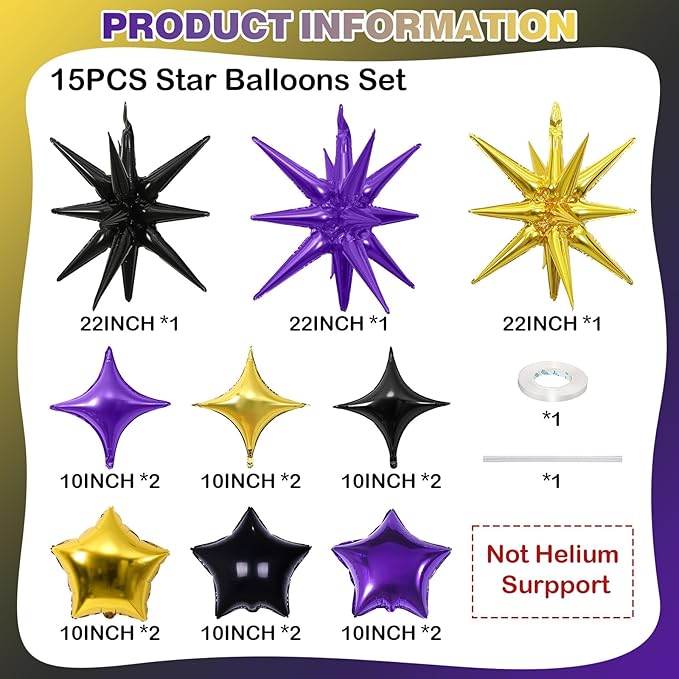 Star Balloons, 22in Purple Black and Gold Star Balloons Foil 10in 4-Pointed & - Image 2