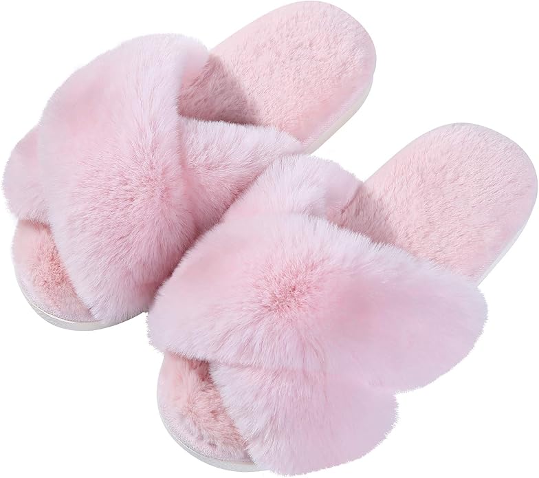 Evshine Women's Fuzzy Slippers Cross Band Memory Foam House Slippers Open Toe by Evshine