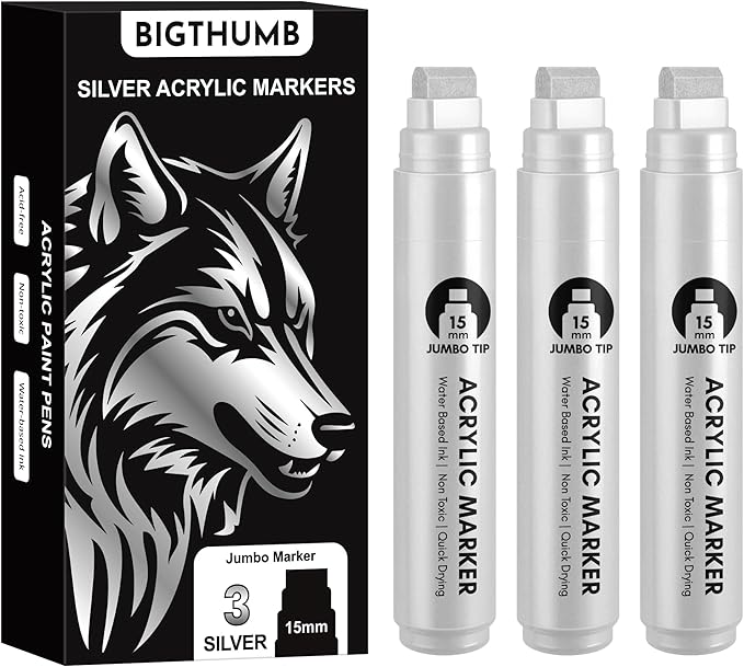 3 Pcs Silver Jumbo Permanent Markers: 15mm Wide Tip Thick Acrylic Paint Pen by BIGTHUMB