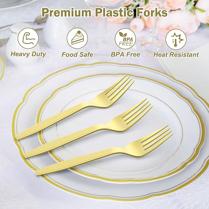 360 Count Extra Heavy Duty Gold Plastic Forks Disposable, Heat Resistant - Image 3
