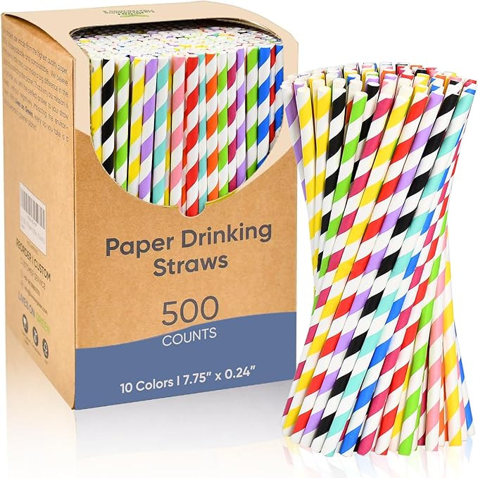 7.75" Colorful Striped Paper Drinking Straws, 10 Assorted Colors, Disposable & by LivesonGreen