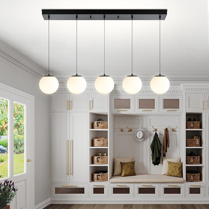 5-Lights Globe Pendant Light for Kitchen Island H 98" Black Rectangle - Image 2