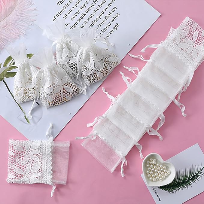 Petunny 6Pcs White Lace Drawstring Bags, Cotton Drawstring Gift Bags - Image 6
