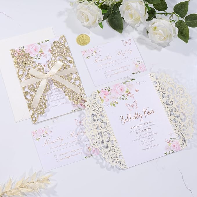 50Pcs Gold Glitter Laser Cut Wedding Invitation - Image 7