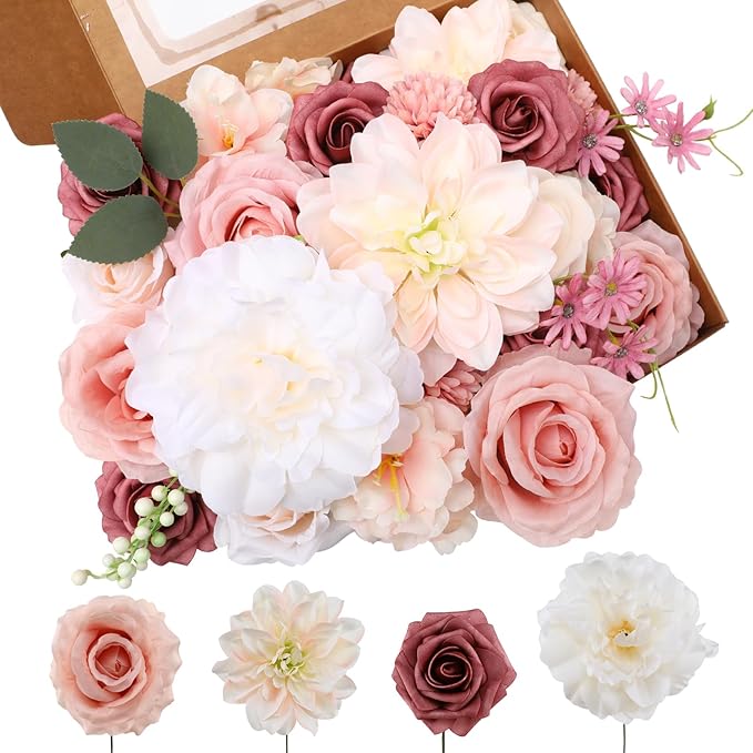 Floweroyal Artificial Flowers Combo Pink Flowers Mix Silk Flowers Dahlia Roses by FloweroyalCrafts