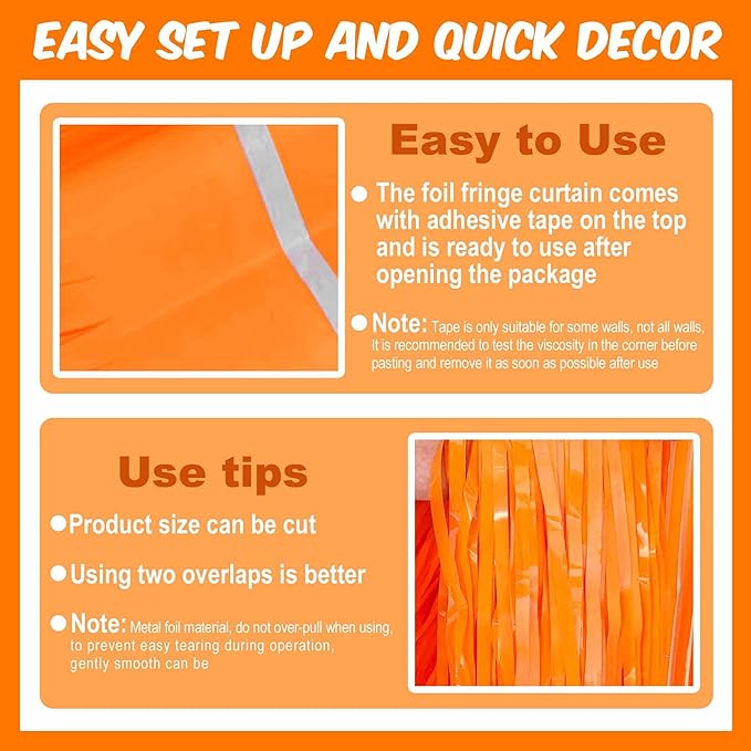 6 Pack Macaron Orange Foil Fringe Curtains Backdrop, 3.28 x 8.2 Ft Metallic - Image 3