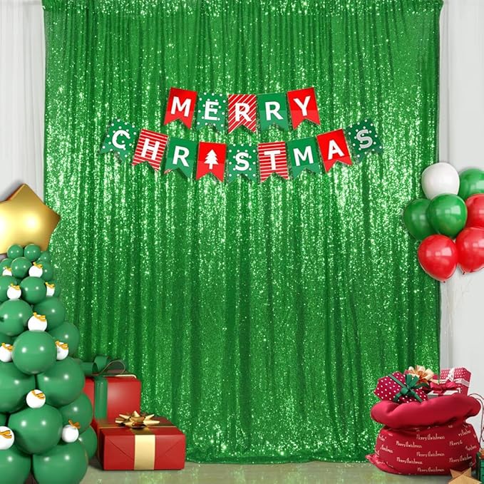 SquarePie Sequin Backdrop 8FT x 8FT Green Curtain Background by SquarePie