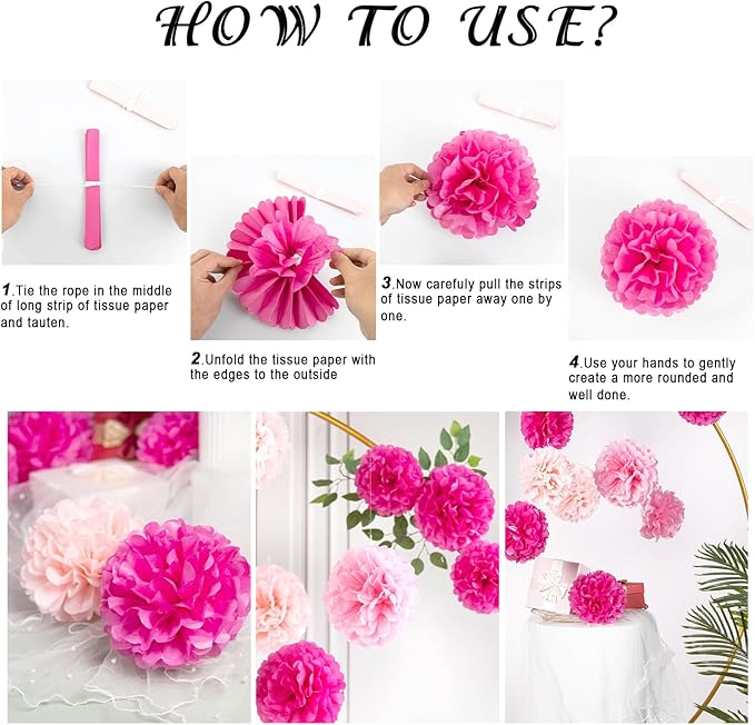 Hot Pink Tissue Pom Poms Paper Flowers Hanging Decorations Pink Flower Ball - Image 4
