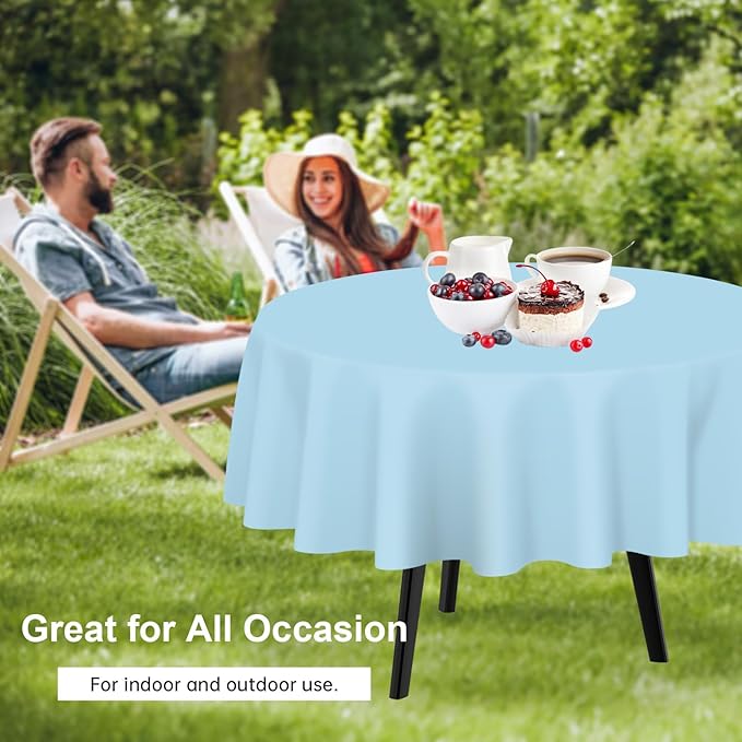 QIKSION Light Blue Round Tablecloth 2 Pack, 84 Inch Plastic Table Cover - Image 4