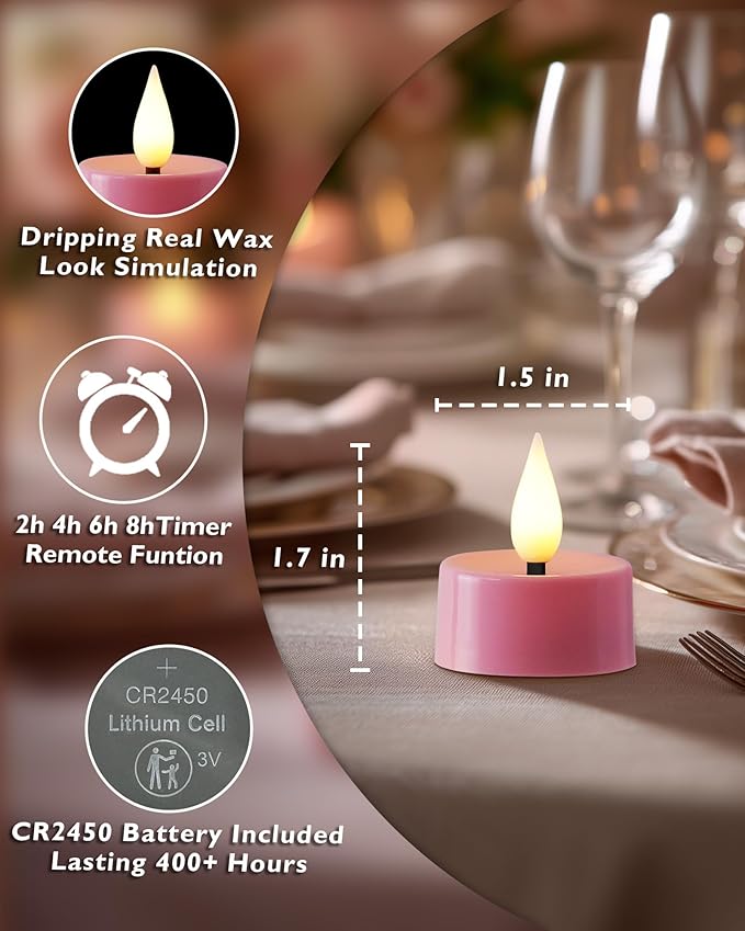 Amagic Flameless Pink Timer Remote Tealights Candles, 3D Black Wick Flickering - Image 2
