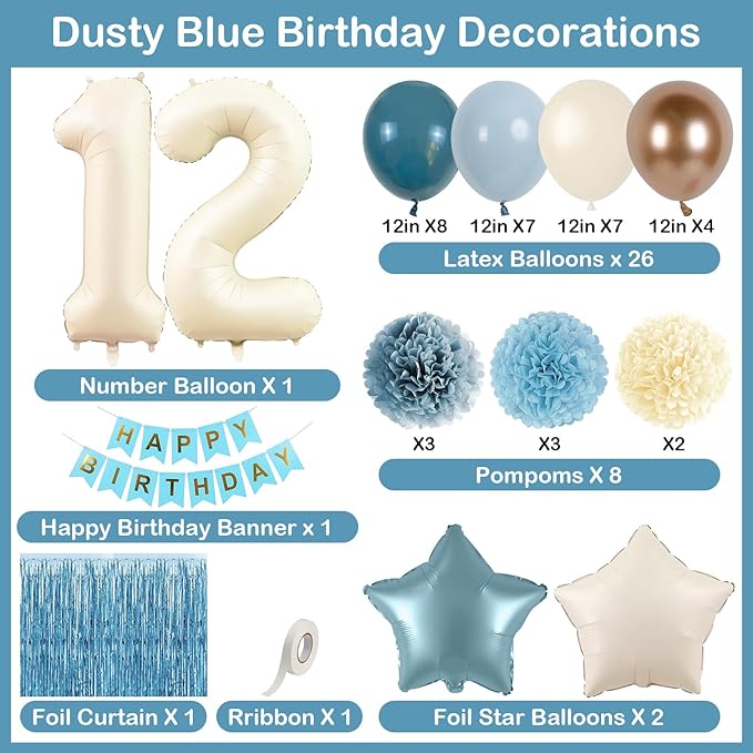 Dusty Blue 12th Birthday Party Decorations Boys Girls Beige Cream Number 12 - Image 4