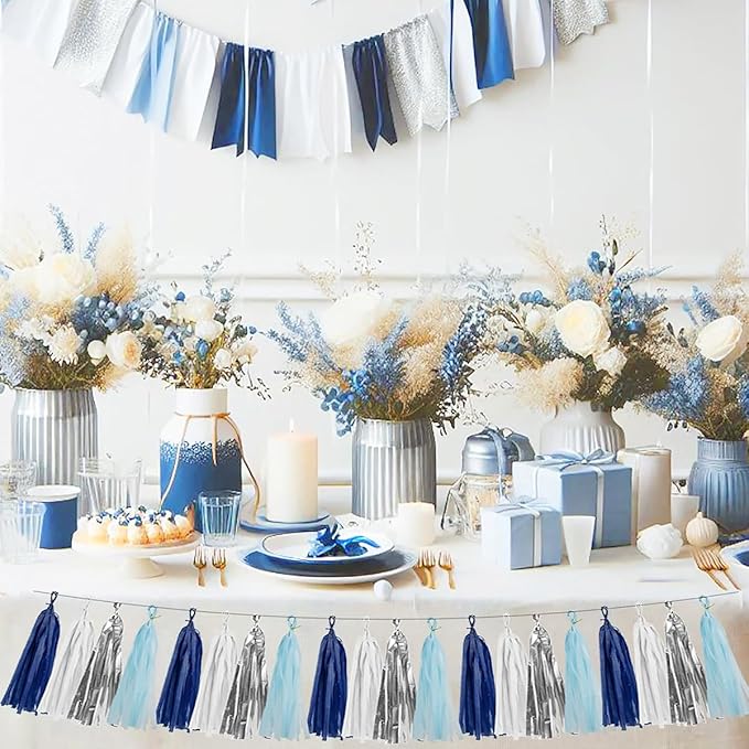 Teal Silver White Navy-Blue Party-Decorations – 15pcs Tissue Paper Tassel - Image 4