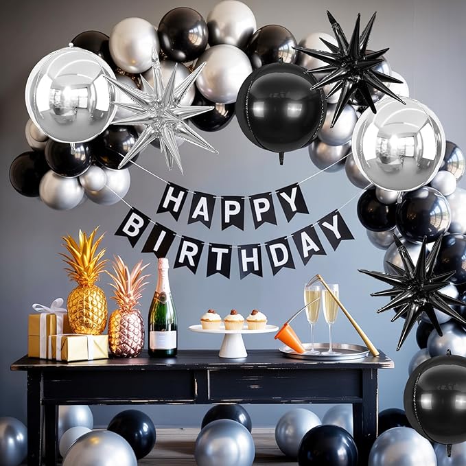 6Pcs Black Silver Foil Balloons, 22Inch Black Silver 4D Round Ball Balloon and - Image 3