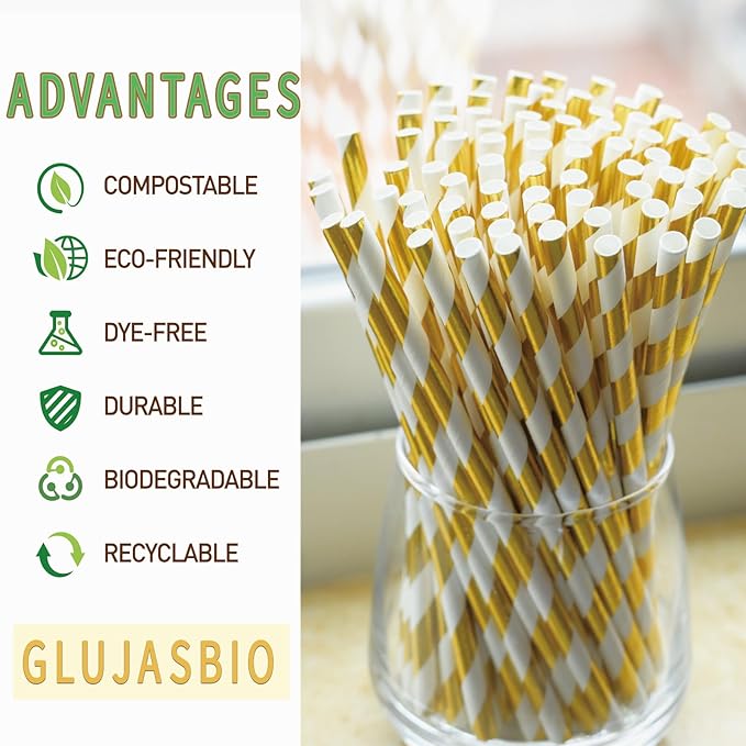 Gold White Stripe Paper Straws - Image 2