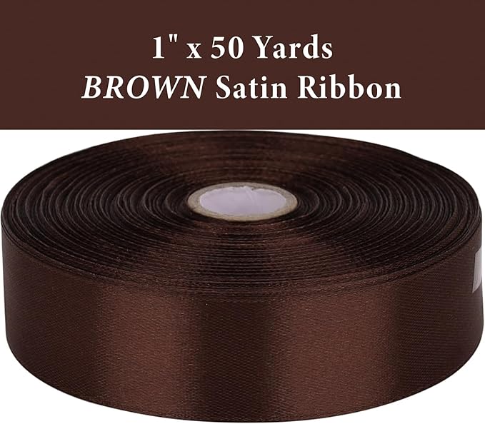 1 Inch Brown Satin Ribbon 50 Yards Solid Fabric Ribbons - Image 2