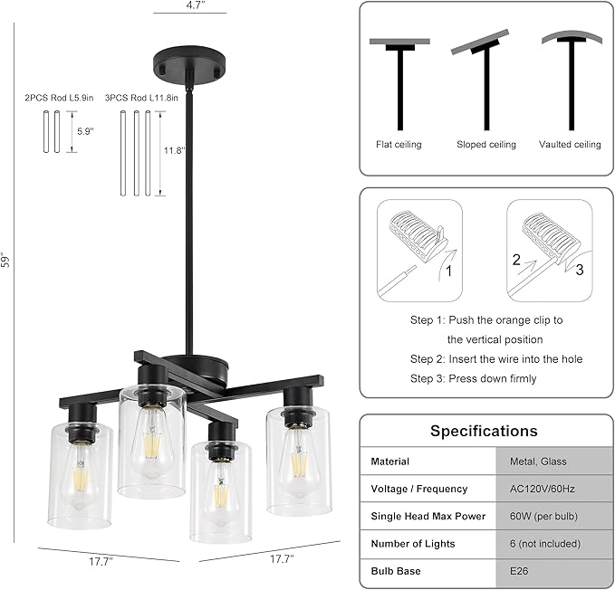 4-Light Modern Farmhouse Black Chandelier, Dining Room Light Fixture Over Table - Image 5