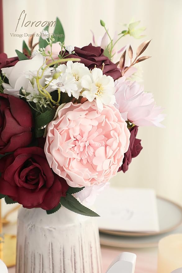 Floroom Blush Burgundy Artificial Flowers Dark Red Fake Roses Peonies Dahlia - Image 4