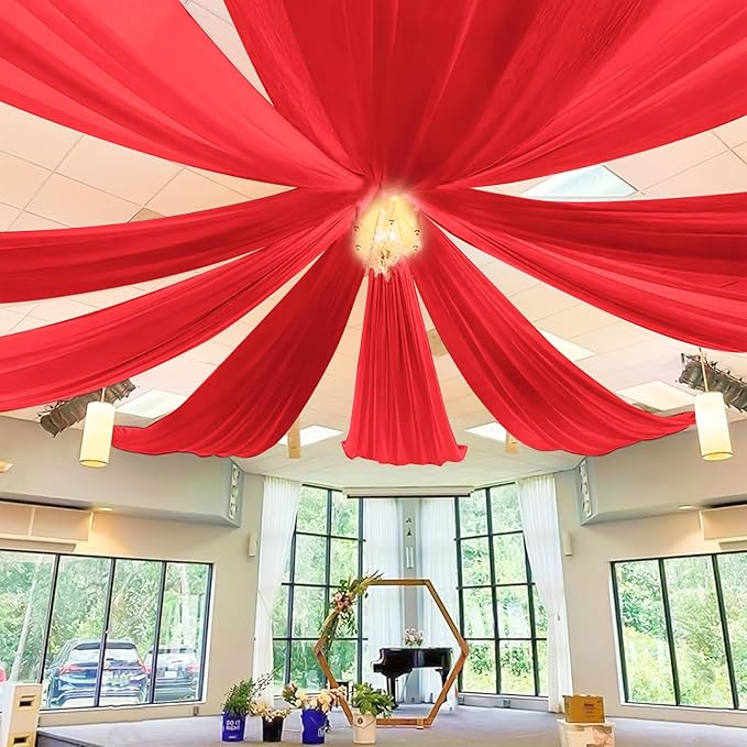 6 Panels Red Ceiling Drapes for Wedding 5ftx10ft Chiffon Fabric Arch Draping by REWOMC
