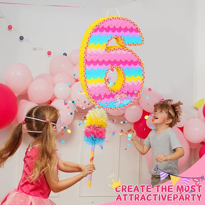Number 6 Pinata for Birthday Party Decorations, Unicorn Mermaid Theme Pink - Image 6