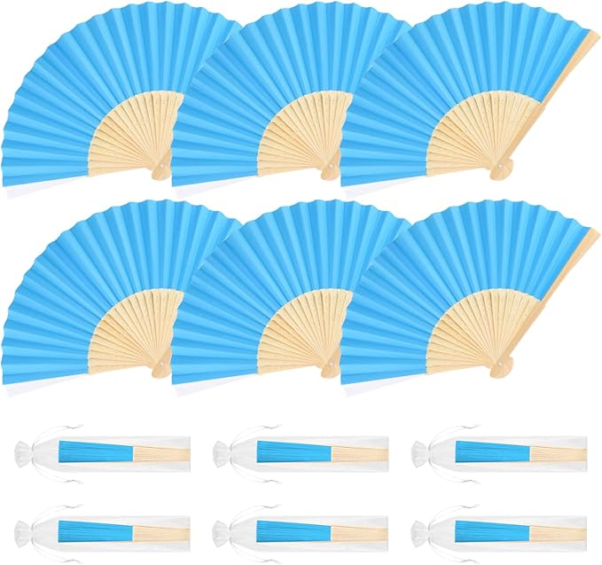 6 Pieces Blue Hand Held Bamboo Folding Fans Foldable Paper Fans Handheld by Bringsparkletoeverydaylife
