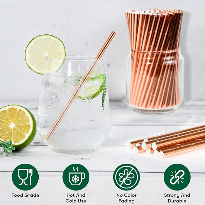 Rose Gold Paper Cocktail Straws, 5.75 inch, Disposable Short Small Drinking - Image 3
