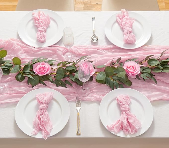 8 Pack 10Ft Table Runner 35x120 inch Pink Boho Gauze Table Cheese Cloth Long - Image 3