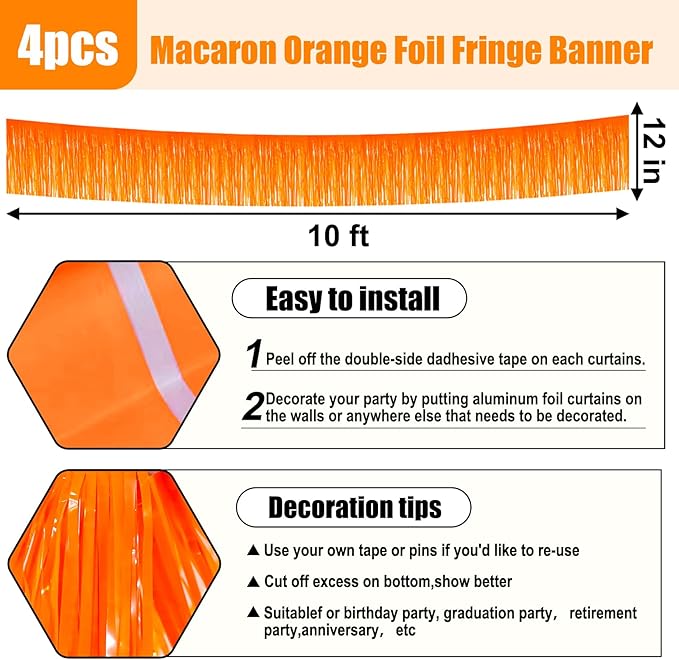 4 Pack 10 Feet Macaron Orange Foil Fringe Garland Metallic Tinsel Streamers - Image 2